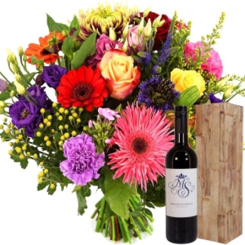 Colorful bouquet + bottle of red wine (Bouquet worth brightly colored + Spanish bottle of red wine Marques)